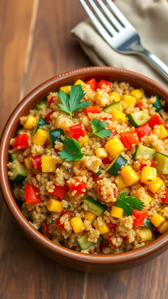 A vibrant quinoa hash with bell peppers, zucchini, and corn garnished with parsley on a wooden table.
